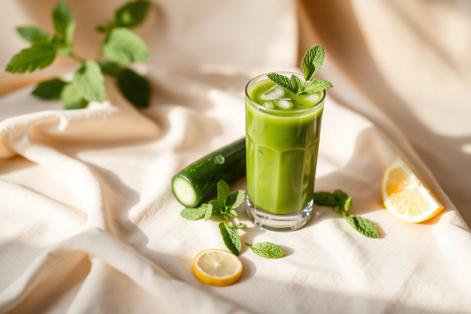 Jus détox vert au concombre et à la menthe posé sur un lin beige